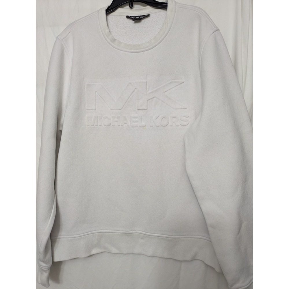 Michael Kors Women's White Embossed MK Logo Sweatshirt Pullover Size L 22"...